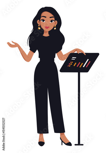 Confident Woman Gesturing in Front of Presentation Board in Cartoon Style