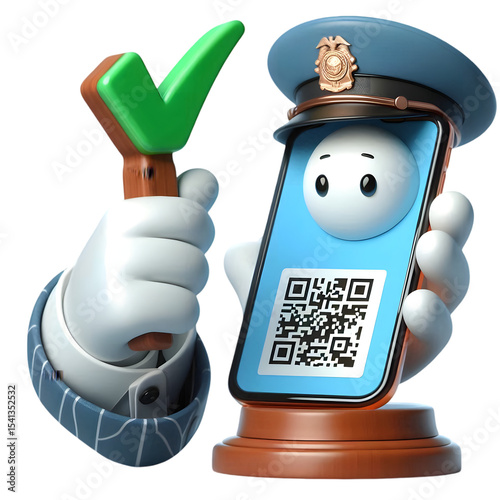 3d cartoon phone police officer holding qr code isolated on transparent background