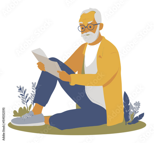 Elderly Man Reading a Book in a Serene Natural Setting