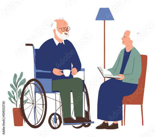 Elderly Couple Enjoying Conversation in a Cozy Living Room Setting