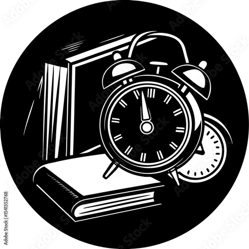 Alarm clock and book in black and white
