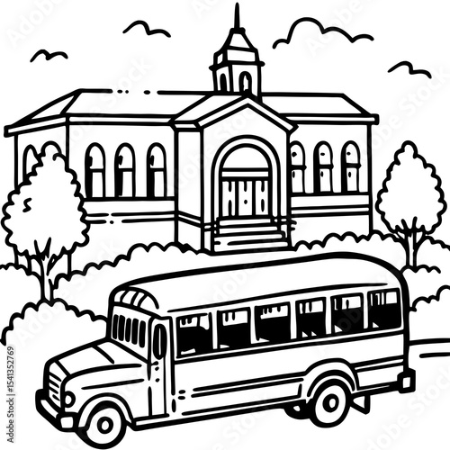 School bus at elementary school black and white illustration