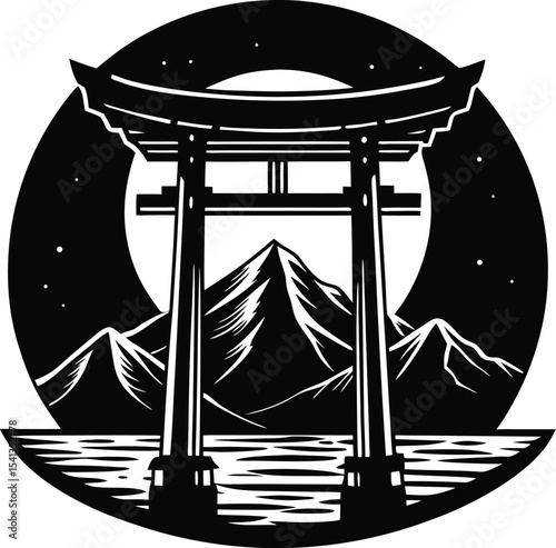 Shinto Gate Torii Before Mountain View