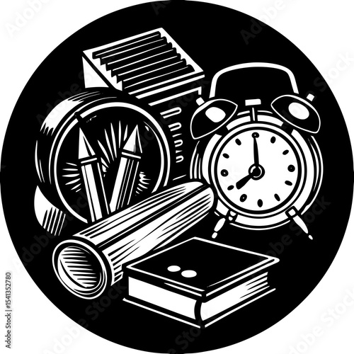 Black and white illustration of educational supplies and time