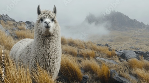 A detailed digital illustration of a graceful Alpaca, showcasing its soft, hypoallergenic fleece in natural earthy tones, standing on a misty Andean hillside Concept The elegance of alpaca fiber