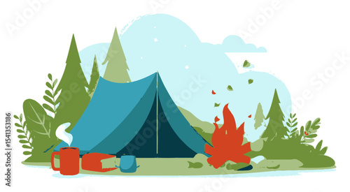 Cozy Campsite with Tent, Fire, Mug, Book, and Greenery in Vector Style