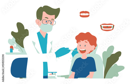 Pediatric Dentist Examining Child's Teeth with Colorful Cartoons in Background