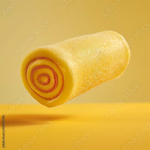 Floating yellow cake roll with a swirl of filling, illuminated against a monochromatic backdrop. Delicious dessert hovering in mid-air.