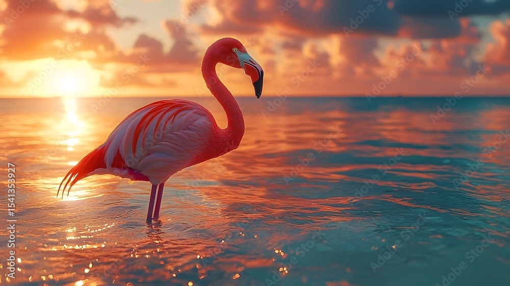 Fototapeta premium Flamingo at sunset on a tropical beach