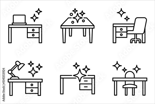Cleaning table desk linear icon set. Keeping workplace clean. vector illustration on white background