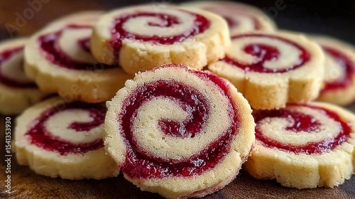 A tantalizing pile of rolled cookies, each boasting a vibrant, ruby-red spiral filling. The perfect sweet treat for any occasion.