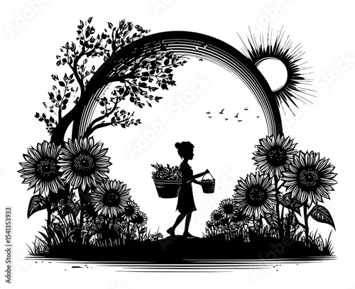 Silhouette of Girl Walking Through a Flower Garden with Sun and Trees