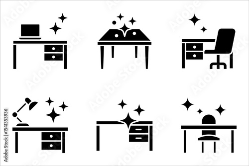 Cleaning table desk linear icon set. Keeping workplace clean. vector illustration on white background