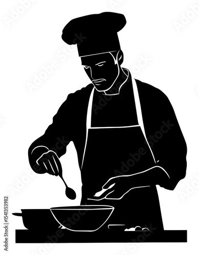 Abstract Black and White Illustration of Male Chef Preparing Food in Kitchen