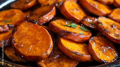 Glazed Sweet Potatoes: A delicious and healthy side dish with a touch of caramelized sweetness and fresh herbs for added flavor.
