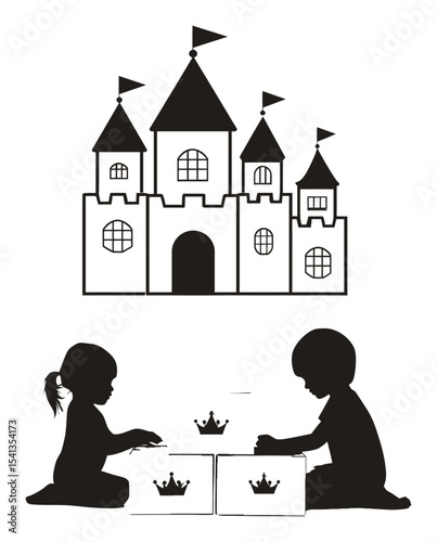 Abstract Drawing of Children Playing with Blocks Beside a Castle Illustration