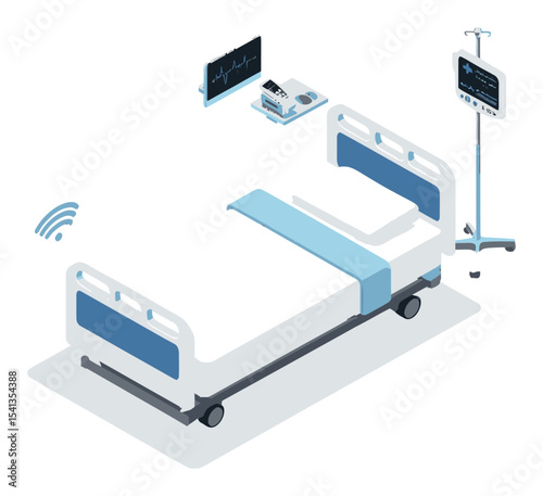 Modern Hospital Bed with Medical Equipment in Isometric Vector Design