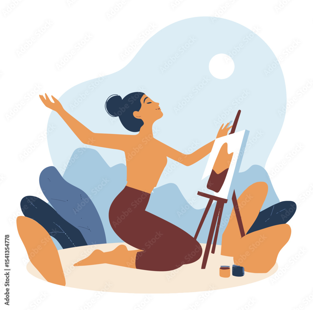 Fototapeta premium Joyful Artist Kneeling and Painting on Easel in Serene Outdoor Setting