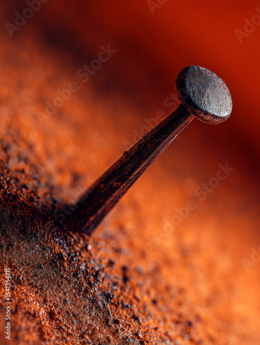 Close-up of an old, rusty nail hammered into weathered surface, set against blurred warm background, showcasing texture and aged appearance.