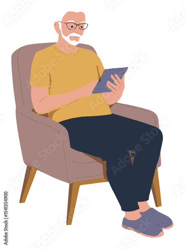 Senior Man Relaxing in Armchair Using Tablet in Colorful Cartoon Vector Art