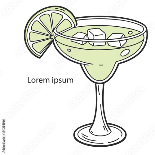 A refreshing alcoholic drink in a martini glass with lime, mint, and ice, perfect for a party or bar menu
