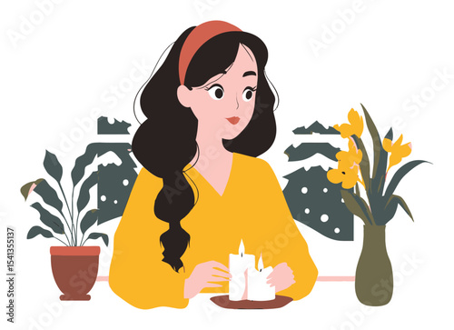 Young Woman with Candles and Flowers in Cozy Indoor Setting Illustration