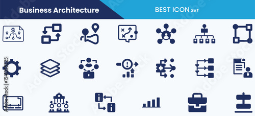 Best business architecture icon set collection. Business model, framework, value stream, process flow, enterprise blueprint, capability map, target architecture, roadmap and vector illustration.