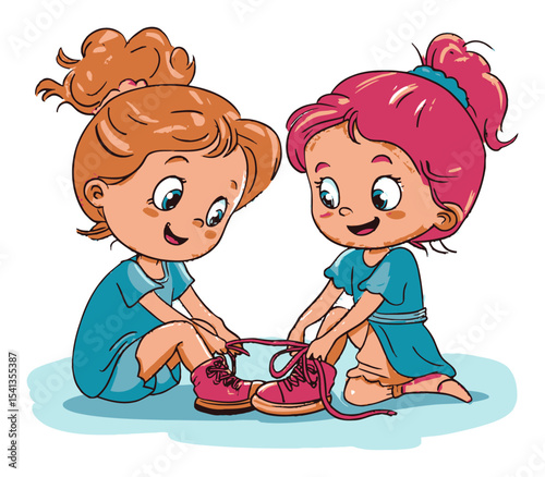Two Cute Girls Tying Shoes Together in Bright and Playful Illustration