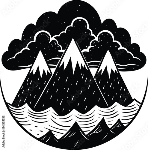 Monsoon Clouds Wrapping Around Mountain Peaks on White Background