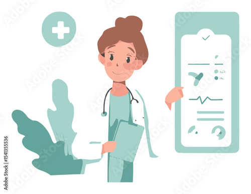 Young Female Medical Professional Presenting Health Data in Vector Format