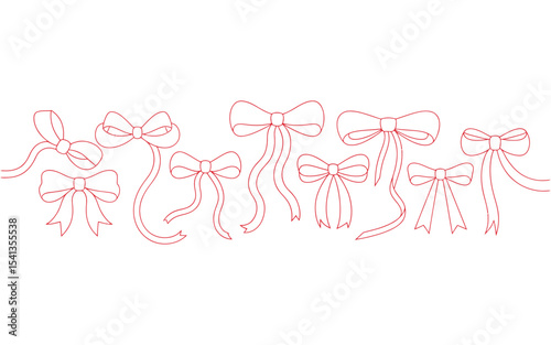 A simple line art illustration of five decorative bows arranged horizontally across the image. The largest bow is centered in the middle, with four smaller bows flanking it on both sides.	