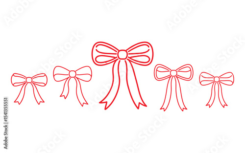 A simple line art illustration of five decorative bows arranged horizontally across the image. The largest bow is centered in the middle, with four smaller bows flanking it on both sides.