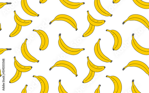 A seamless pattern design of yellow bananas on a pure white background. The bananas are arranged in a repeating pattern with no gaps between them. Each banana is drawn in a simple.