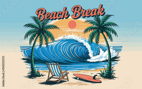 A stylized beach scene illustration with retro 1970s design elements. The text "Beach Break" is at the top in a curved, orange-brown cursive font. The background features a light blue sky with a large