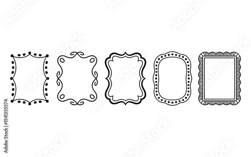 A set of five decorative vintage-style frames arranged horizontally in a line. Each frame has a different ornate design pattern