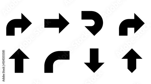 A set of eight black arrows arranged in two rows against a white background. The top row contains four curved arrows: two left-turn arrows on the left and right, one straight arrow in the middle.