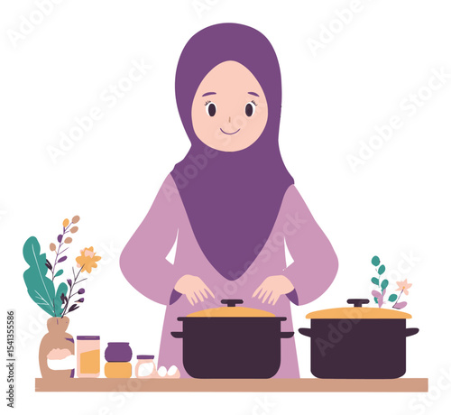 Cheerful woman in hijab cooking with pots and plants in a kitchen setting
