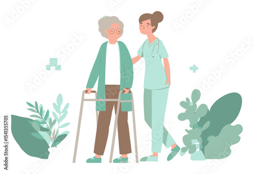 Caring Nurse Assisting Elderly Woman with Walker in Peaceful Environment