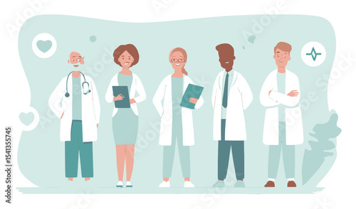 Diverse Group of Healthcare Professionals in Modern Cartoon Style Illustration
