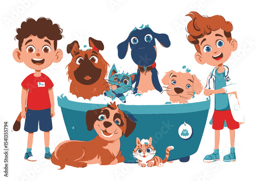 Cute Cartoon Kids and Pets in a Bath with Bubbles and Joyful Expressions