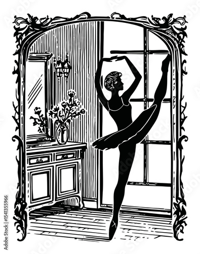 Elegant Ballerina Silhouette in Vintage Mirror Frame Artwork Design