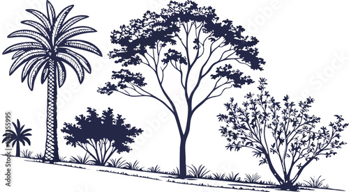Vector art of silhouetted palm and other trees isolated on transparent background, a dark navy landscape on a white backdrop