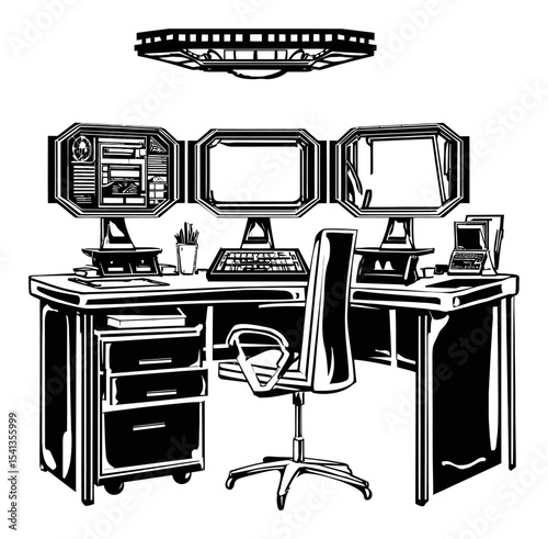 Abstract Hand Drawing of a Modern Office Workspace with Three Monitors