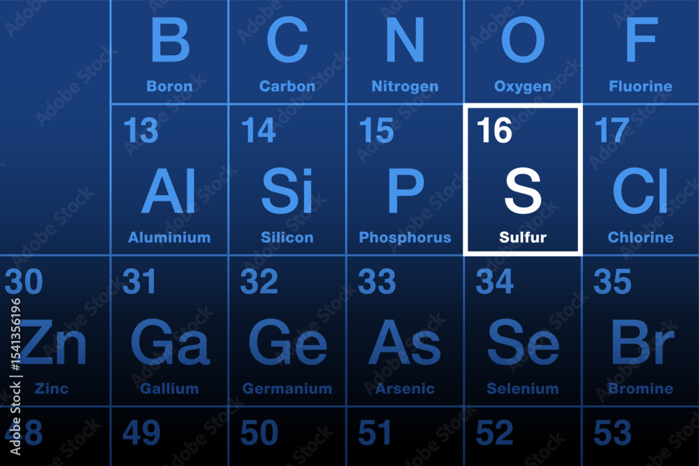 Sulfur element on periodic table. Nonmetallic chemical element with atomic number 16 and Symbol S from Latin sulphur. Essential for all life in form of organosulfur compounds or metal sulfides. Vector Sulfur element on periodic table. Nonmetallic chemical element with atomic number 16 and Symbol S from Latin sulphur. Essential for all life in form of organosulfur compounds or metal sulfides. Vector