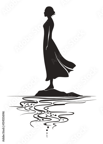 Abstract Silhouette of Woman in Dress Standing on Rock over Water Surface