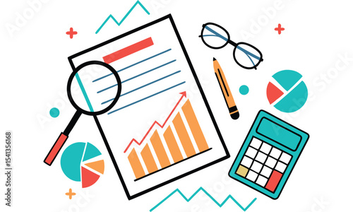 Financial report analysis with charts and calculator