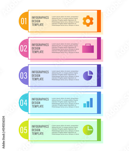 Vertical infographic template. Five steps processes vector infographic layout with icons