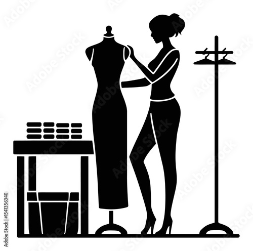 Elegant Fashion Designer Working on Dress Form Silhouette in Studio