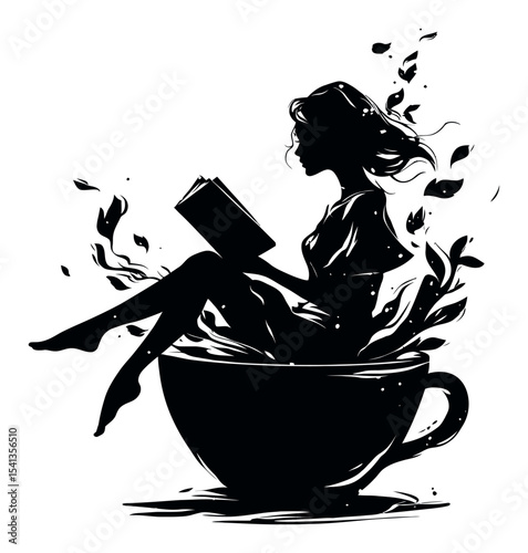 Elegant Silhouette of Woman Reading in Coffee Cup with Floral Designs