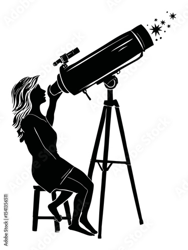 Silhouette of a Woman Observing Through a Telescope in Artistic Style